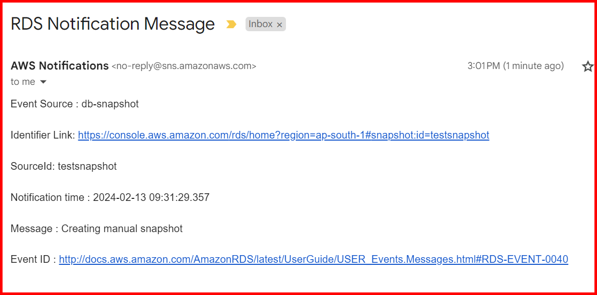 Picture showing the email received on snapshot creation